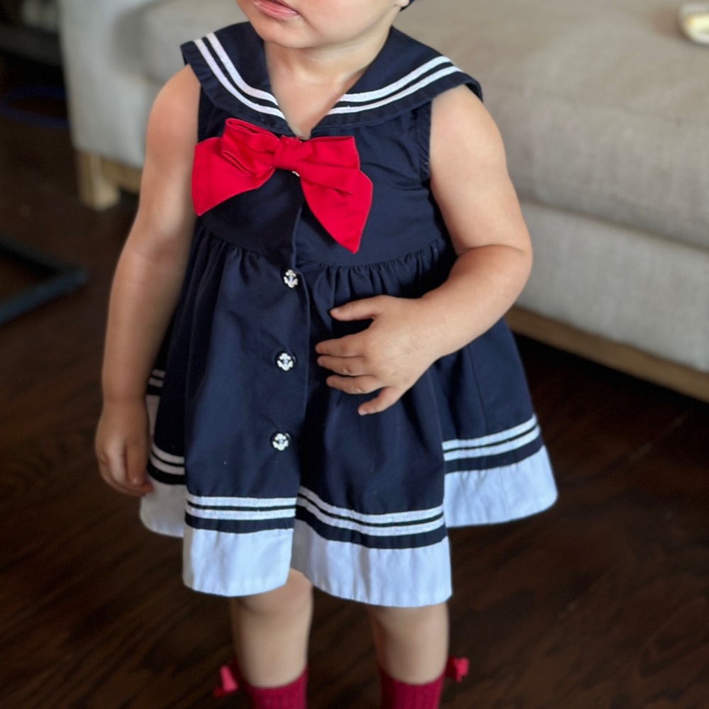 Navy Sailor Dress with Red Bow